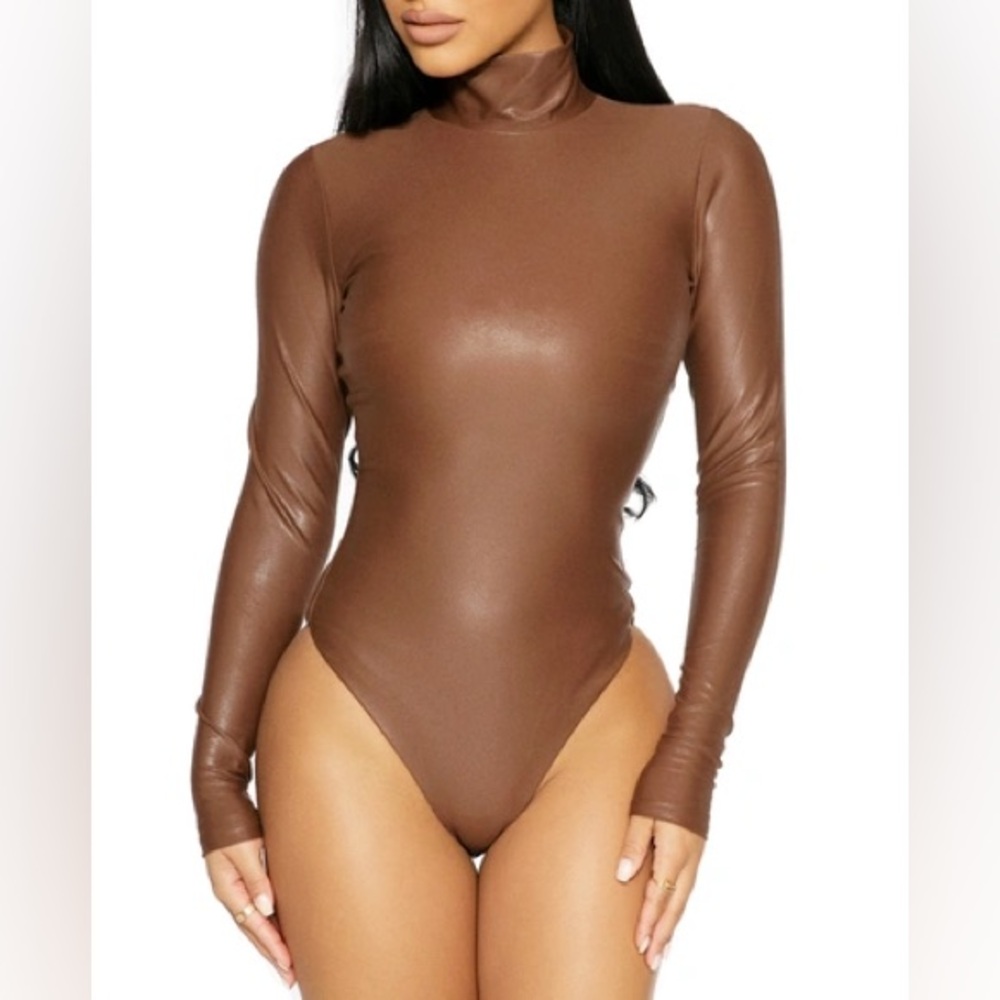Naked Wardrobe large The Drip, Drip, Drip Faux Leather Bodysuit In Brown